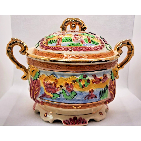 Bowl & Lid-Gold Trim-Japanese Inspired Summer Scenes-3D Embossed-Colorful-Footed - Picture 1 of 16